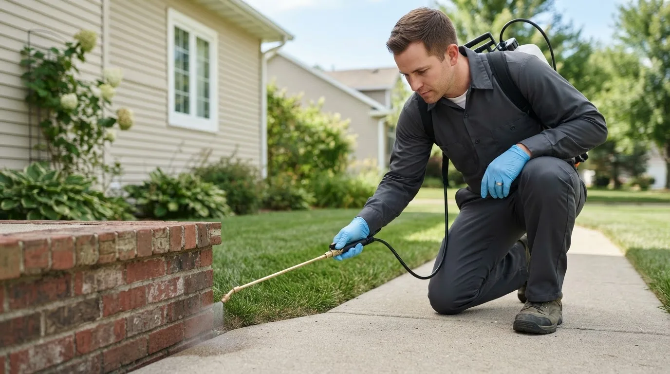 Pest control technician treating a home near Bloomville, OH