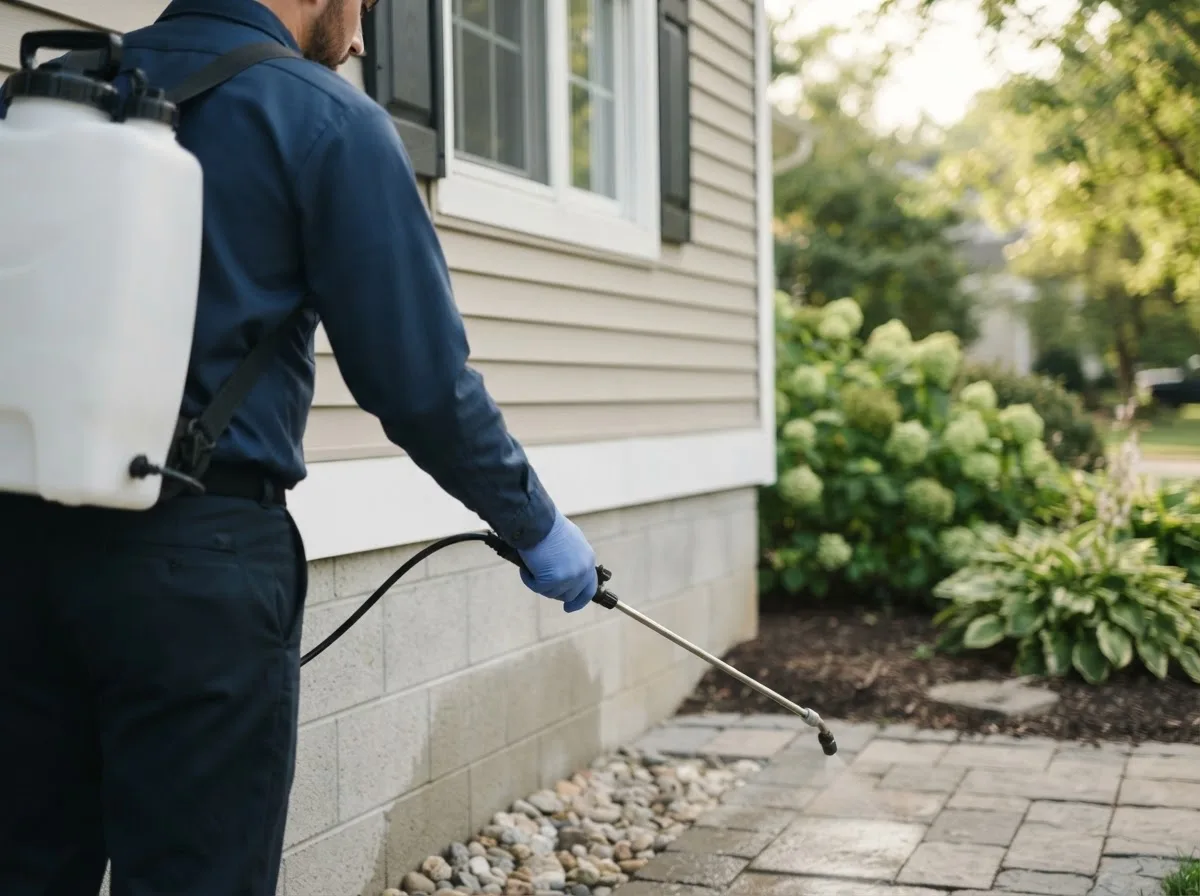 Pest control technician inspecting a home in Bloomville, OH